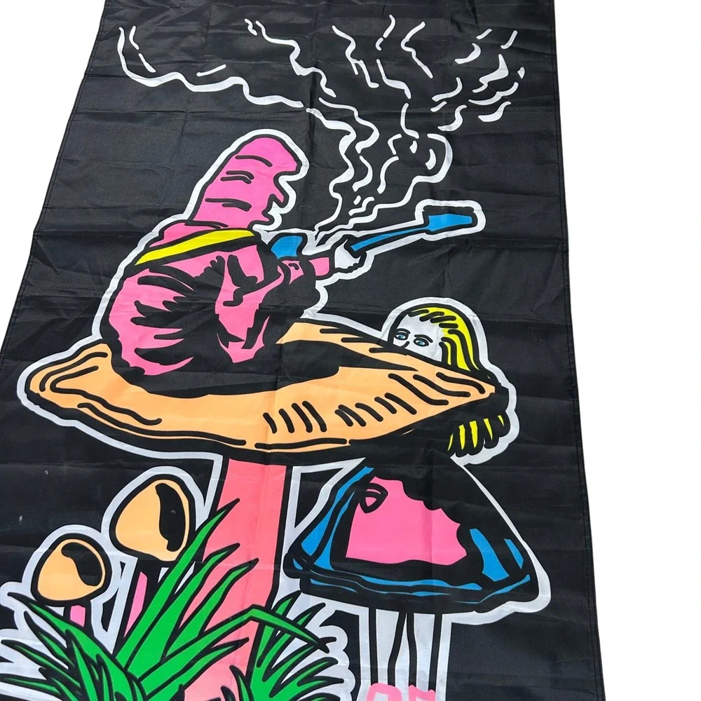 Vintage‎ Wonderland Flag Tapestry 1997 AADP Art Black Alice Mushroom Design